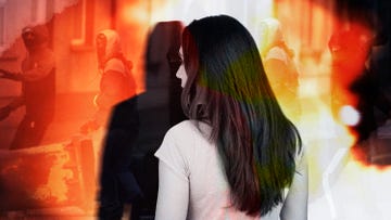 a person facing away from the viewer with scenes of unrest in the background